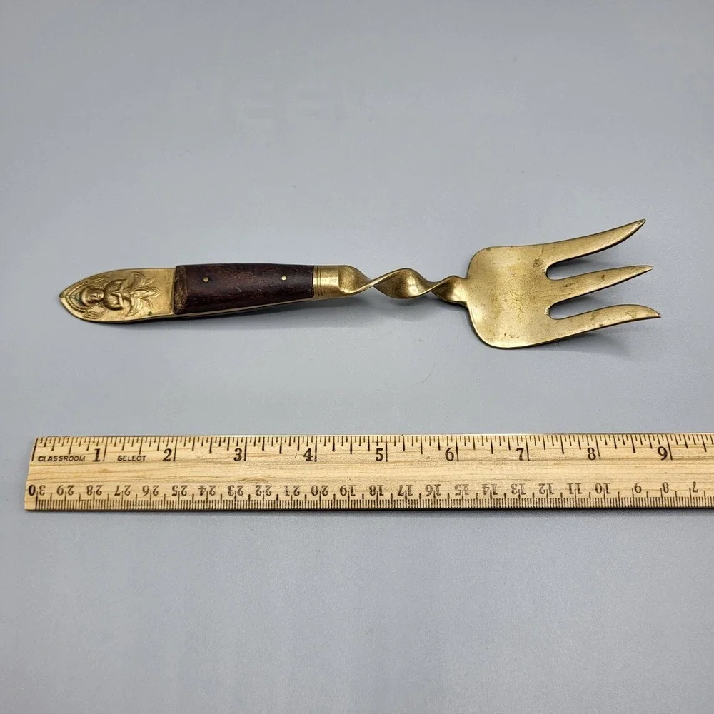 Vintage Serving Fork Brass Wood Spiral Twist Buddha Gold Siam Brown Replacement